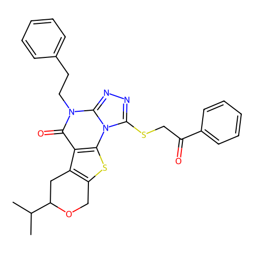 1-[(2-oxo-2-phenylethyl)sulfanyl]-4-(2-phenylethyl)-7-(propan-2-yl)-6,9-dihydro-7H-pyrano[4',3':4,5]thieno[3,2-e][1,2,4]triazolo[4,3-a]pyrimidin-5(4H)-one structure