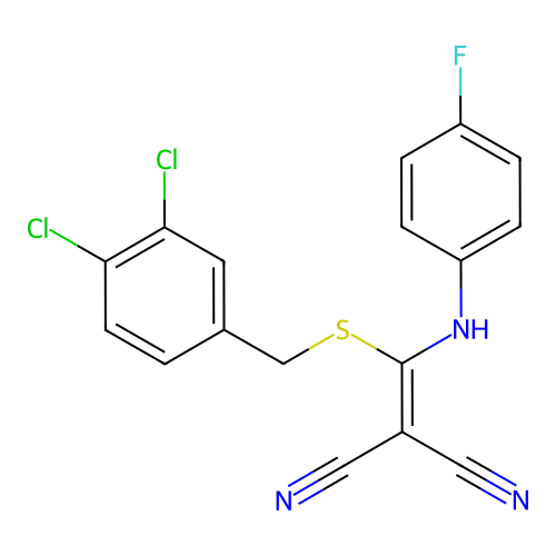 2-(((3,4-dichlorobenzyl)thio)((4-fluorophenyl)amino)methylene)malononitrile structure