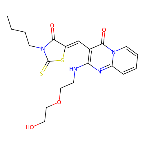 3-[(Z)-(3-butyl-4-oxo-2-thioxo-1,3-thiazolidin-5-ylidene)methyl]-2-{[2-(2-hydroxyethoxy)ethyl]amino}-4H-pyrido[1,2-a]pyrimidin-4-one structure