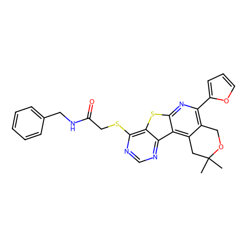N-benzyl-2-((5-(furan-2-yl)-2,2-dimethyl-2,4-dihydro-1H-pyrano[4'',3'':4',5']pyrido[3',2':4,5]thieno[3,2-d]pyrimidin-8-yl)thio)acetamide structure