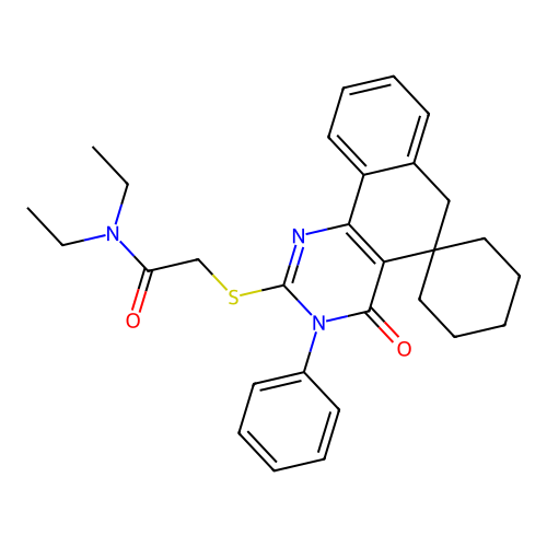 N,N-diethyl-2-((4-oxo-3-phenyl-4,6-dihydro-3H-spiro[benzo[h]quinazoline-5,1'-cyclohexan]-2-yl)thio)acetamide structure