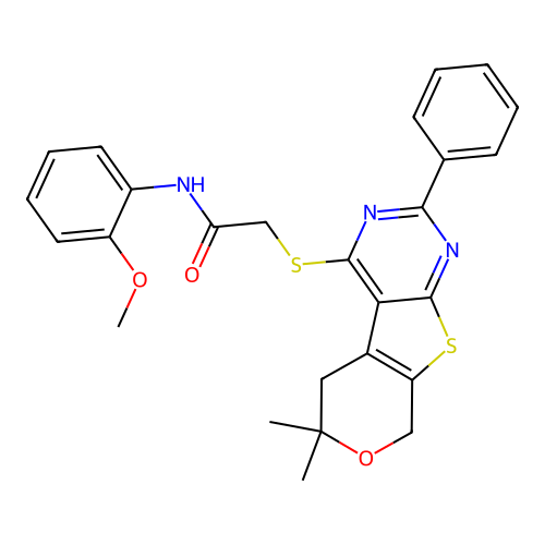 2-((6,6-dimethyl-2-phenyl-6,8-dihydro-5H-pyrano[4',3':4,5]thieno[2,3-d]pyrimidin-4-yl)thio)-N-(2-methoxyphenyl)acetamide structure