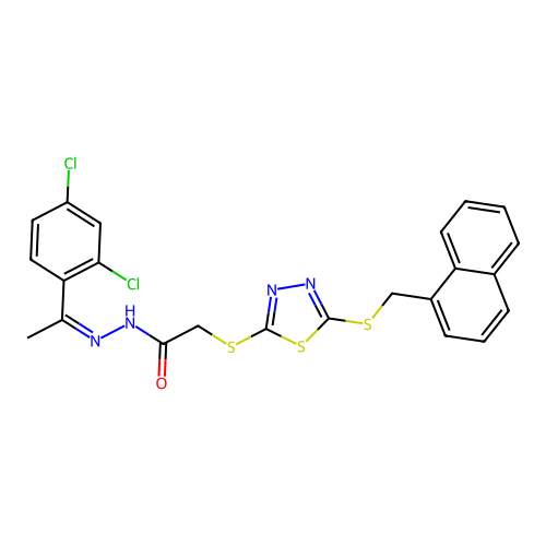 (Z)-N'-(1-(2,4-dichlorophenyl)ethylidene)-2-((5-((naphthalen-1-ylmethyl)thio)-1,3,4-thiadiazol-2-yl)thio)acetohydrazide structure