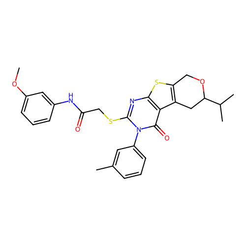 2-((6-isopropyl-4-oxo-3-(m-tolyl)-4,5,6,8-tetrahydro-3H-pyrano[4',3':4,5]thieno[2,3-d]pyrimidin-2-yl)thio)-N-(3-methoxyphenyl)acetamide structure