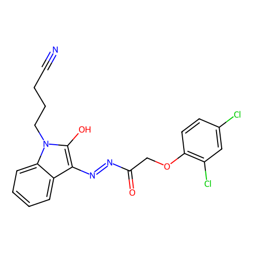 N'-[(3E)-1-(3-cyanopropyl)-2-oxo-1,2-dihydro-3H-indol-3-ylidene]-2-(2,4-dichlorophenoxy)acetohydrazide structure