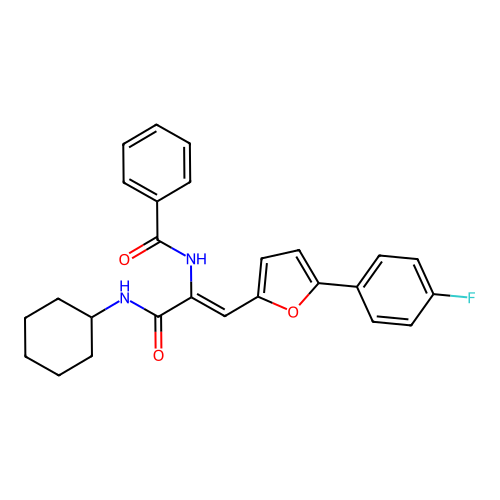 N-{(1Z)-3-(cyclohexylamino)-1-[5-(4-fluorophenyl)furan-2-yl]-3-oxoprop-1-en-2-yl}benzamide structure