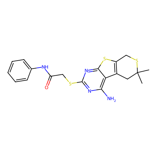 2-[(4-amino-6,6-dimethyl-5,8-dihydro-6H-thiopyrano[4',3':4,5]thieno[2,3-d]pyrimidin-2-yl)sulfanyl]-N-phenylacetamide structure