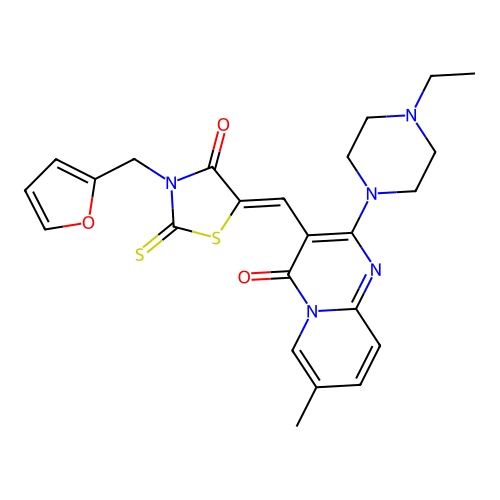 (5Z)-5-[[2-(4-ethylpiperazin-1-yl)-7-methyl-4-oxopyrido[1,2-a]pyrimidin-3-yl]methylidene]-3-(furan-2-ylmethyl)-2-sulfanylidene-1,3-thiazolidin-4-one structure