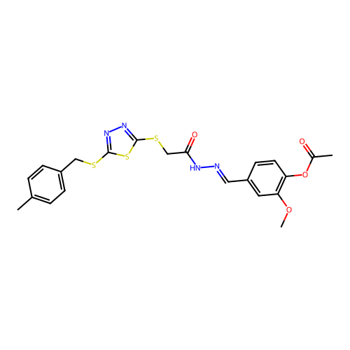 (E)-2-methoxy-4-((2-(2-((5-((4-methylbenzyl)thio)-1,3,4-thiadiazol-2-yl)thio)acetyl)hydrazono)methyl)phenyl acetate structure