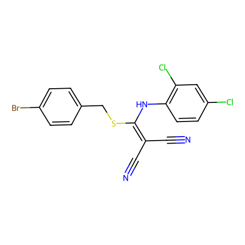 2-(((4-bromobenzyl)thio)((2,4-dichlorophenyl)amino)methylene)malononitrile structure