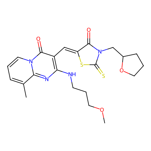 2-[(3-methoxypropyl)amino]-9-methyl-3-{(Z)-[4-oxo-3-(tetrahydrofuran-2-ylmethyl)-2-thioxo-1,3-thiazolidin-5-ylidene]methyl}-4H-pyrido[1,2-a]pyrimidin-4-one structure