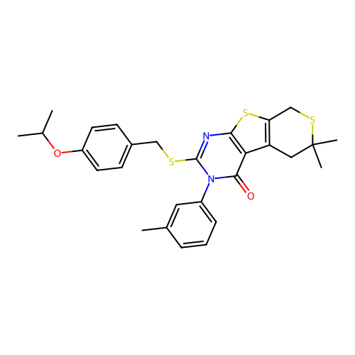 2-((4-isopropoxybenzyl)thio)-6,6-dimethyl-3-(m-tolyl)-5,6-dihydro-3H-thiopyrano[4',3':4,5]thieno[2,3-d]pyrimidin-4(8H)-one structure
