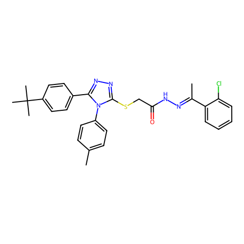 2-{[5-(4-tert-butylphenyl)-4-(4-methylphenyl)-4H-1,2,4-triazol-3-yl]sulfanyl}-N'-[(1E)-1-(2-chlorophenyl)ethylidene]acetohydrazide structure
