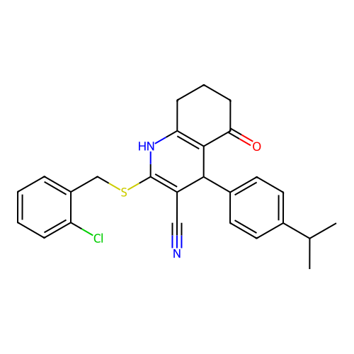 2-((2-chlorobenzyl)thio)-4-(4-isopropylphenyl)-5-oxo-1,4,5,6,7,8-hexahydroquinoline-3-carbonitrile structure
