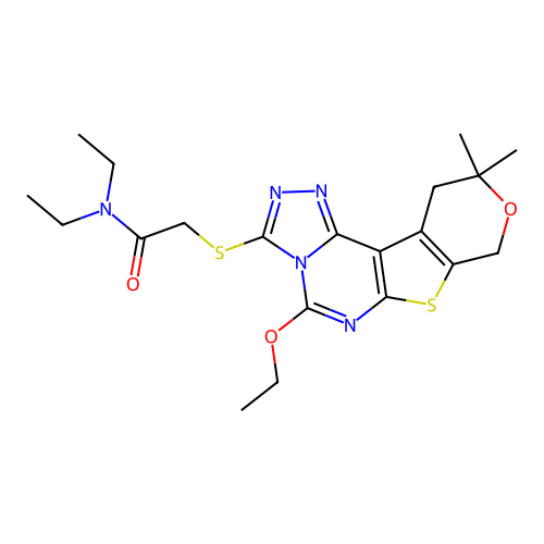 2-((5-ethoxy-10,10-dimethyl-10,11-dihydro-8H-pyrano[4',3':4,5]thieno[3,2-e][1,2,4]triazolo[4,3-c]pyrimidin-3-yl)thio)-N,N-diethylacetamide structure