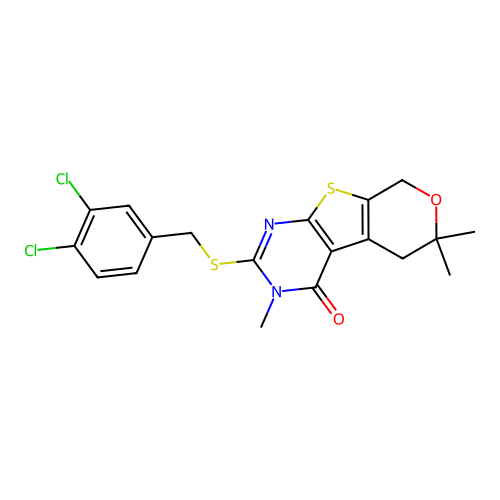 2-((3,4-dichlorobenzyl)thio)-3,6,6-trimethyl-5,6-dihydro-3H-pyrano[4',3':4,5]thieno[2,3-d]pyrimidin-4(8H)-one structure