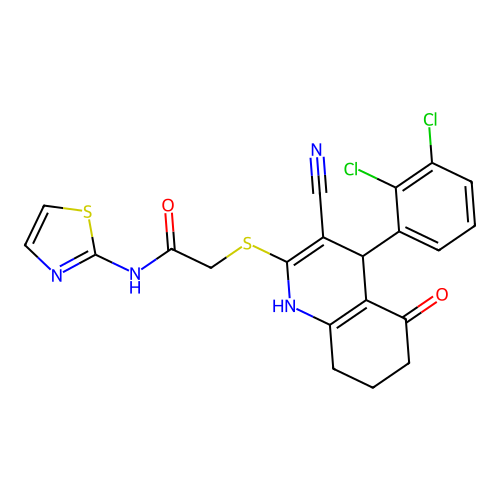2-((3-cyano-4-(2,3-dichlorophenyl)-5-oxo-1,4,5,6,7,8-hexahydroquinolin-2-yl)thio)-N-(thiazol-2-yl)acetamide structure