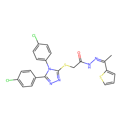 (Z)-2-((4,5-bis(4-chlorophenyl)-4H-1,2,4-triazol-3-yl)thio)-N'-(1-(thiophen-2-yl)ethylidene)acetohydrazide structure