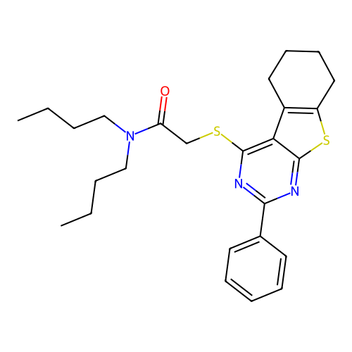 N,N-dibutyl-2-((2-phenyl-5,6,7,8-tetrahydrobenzo[4,5]thieno[2,3-d]pyrimidin-4-yl)thio)acetamide structure