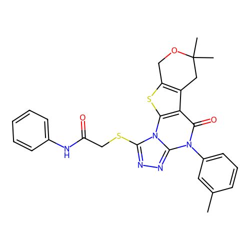 2-((7,7-dimethyl-5-oxo-4-(m-tolyl)-5,6,7,9-tetrahydro-4H-pyrano[4',3':4,5]thieno[3,2-e][1,2,4]triazolo[4,3-a]pyrimidin-1-yl)thio)-N-phenylacetamide structure