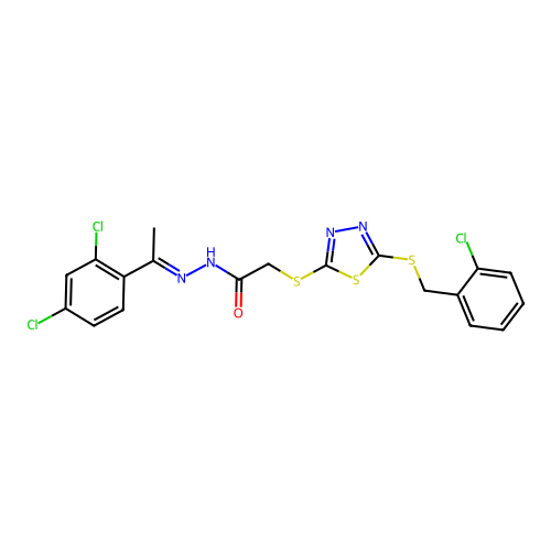 2-({5-[(2-chlorobenzyl)sulfanyl]-1,3,4-thiadiazol-2-yl}sulfanyl)-N'-[(1E)-1-(2,4-dichlorophenyl)ethylidene]acetohydrazide structure