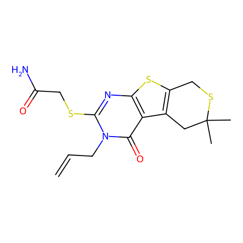 2-((3-allyl-6,6-dimethyl-4-oxo-4,5,6,8-tetrahydro-3H-thiopyrano[4',3':4,5]thieno[2,3-d]pyrimidin-2-yl)thio)acetamide structure