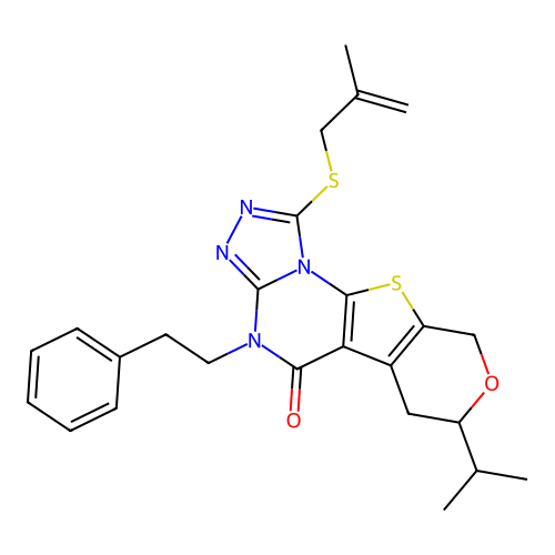 1-[(2-methylprop-2-en-1-yl)sulfanyl]-4-(2-phenylethyl)-7-(propan-2-yl)-6,9-dihydro-7H-pyrano[4',3':4,5]thieno[3,2-e][1,2,4]triazolo[4,3-a]pyrimidin-5(4H)-one structure