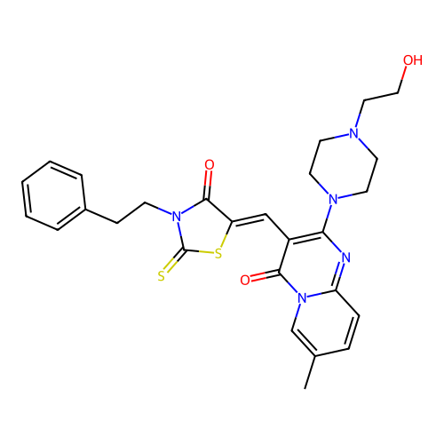 2-[4-(2-hydroxyethyl)piperazin-1-yl]-7-methyl-3-{(Z)-[4-oxo-3-(2-phenylethyl)-2-thioxo-1,3-thiazolidin-5-ylidene]methyl}-4H-pyrido[1,2-a]pyrimidin-4-one structure