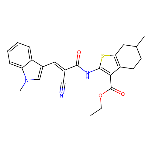 (E)-ethyl 2-(2-cyano-3-(1-methyl-1H-indol-3-yl)acrylamido)-6-methyl-4,5,6,7-tetrahydrobenzo[b]thiophene-3-carboxylate structure