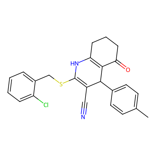 2-((2-chlorobenzyl)thio)-5-oxo-4-(p-tolyl)-1,4,5,6,7,8-hexahydroquinoline-3-carbonitrile structure