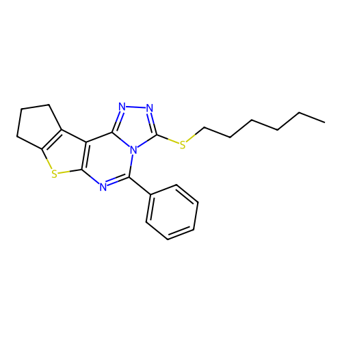 3-(hexylsulfanyl)-5-phenyl-9,10-dihydro-8H-cyclopenta[4,5]thieno[3,2-e][1,2,4]triazolo[4,3-c]pyrimidine structure
