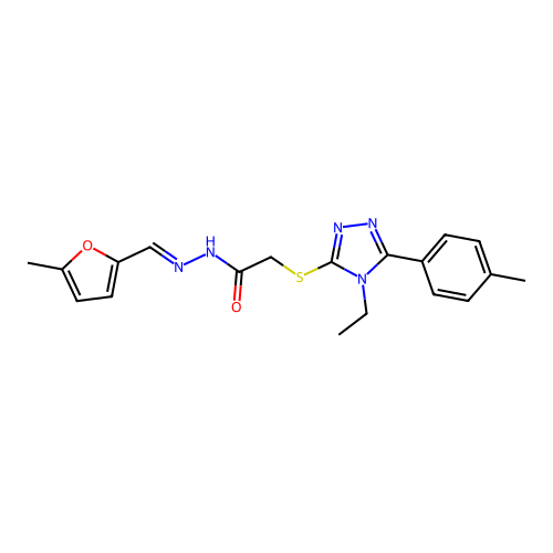 (4-Ethyl-5-p-tolyl-4H-[1,2,4]triazol-3-ylsulfanyl)-acetic acid [1-(5-methyl-furan-2-yl)-meth-(E)-ylidene]-hydrazide structure