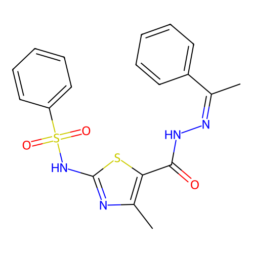 (Z)-N-(4-methyl-5-(2-(1-phenylethylidene)hydrazinecarbonyl)thiazol-2-yl)benzenesulfonamide structure