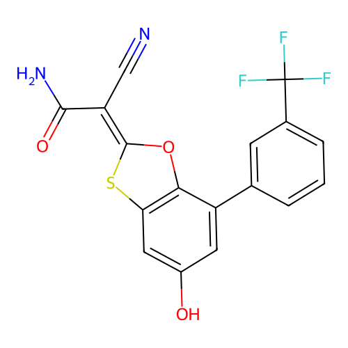 (2Z)-2-cyano-2-[5-hydroxy-7-[3-(trifluoromethyl)phenyl]-1,3-benzoxathiol-2-ylidene]acetamide structure