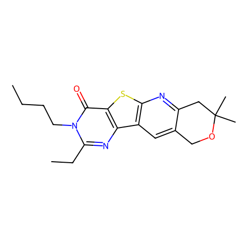 3-butyl-2-ethyl-8,8-dimethyl-7,10-dihydro-8H-pyrano[3'',4'':5',6']pyrido[3',2':4,5]thieno[3,2-d]pyrimidin-4(3H)-one structure
