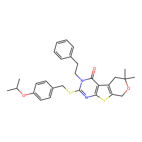 2-((4-isopropoxybenzyl)thio)-6,6-dimethyl-3-phenethyl-5,6-dihydro-3H-pyrano[4',3':4,5]thieno[2,3-d]pyrimidin-4(8H)-one structure