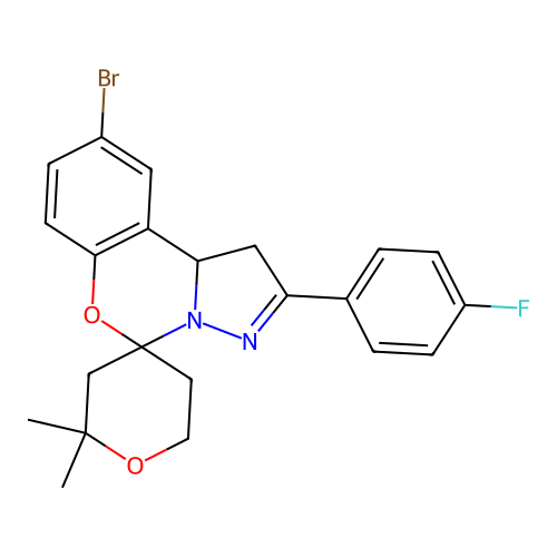 9'-bromo-2'-(4-fluorophenyl)-2,2-dimethyl-1',2,3,5,6,10b'-hexahydrospiro[pyran-4,5'-pyrazolo[1,5-c][1,3]benzoxazine] structure