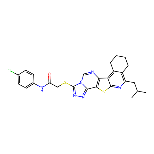 N-(4-chlorophenyl)-2-((11-isobutyl-7,8,9,10-tetrahydro-[1,2,4]triazolo[4'',3'':1',6']pyrimido[4',5':4,5]thieno[2,3-c]isoquinolin-3-yl)thio)acetamide structure