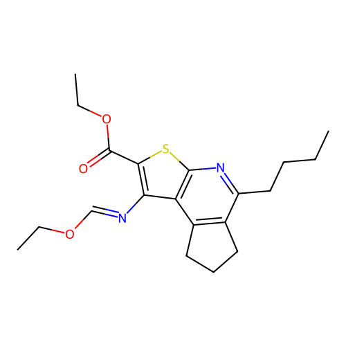 (E)-ethyl 5-butyl-1-((ethoxymethylene)amino)-7,8-dihydro-6H-cyclopenta[d]thieno[2,3-b]pyridine-2-carboxylate structure