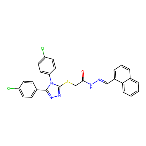 (E)-2-((4,5-bis(4-chlorophenyl)-4H-1,2,4-triazol-3-yl)thio)-N'-(naphthalen-1-ylmethylene)acetohydrazide structure