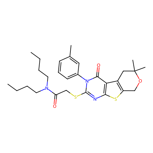 N,N-dibutyl-2-((6,6-dimethyl-4-oxo-3-(m-tolyl)-4,5,6,8-tetrahydro-3H-pyrano[4',3':4,5]thieno[2,3-d]pyrimidin-2-yl)thio)acetamide structure