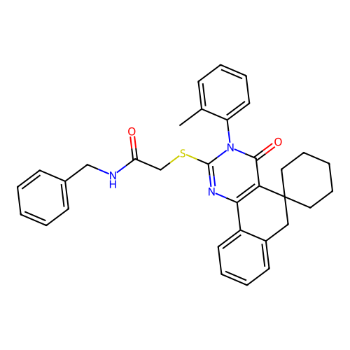 N-benzyl-2-((4-oxo-3-(o-tolyl)-4,6-dihydro-3H-spiro[benzo[h]quinazoline-5,1'-cyclohexan]-2-yl)thio)acetamide structure