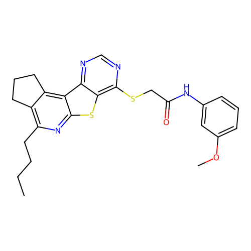 2-((4-butyl-2,3-dihydro-1H-cyclopenta[4',5']pyrido[3',2':4,5]thieno[3,2-d]pyrimidin-7-yl)thio)-N-(3-methoxyphenyl)acetamide structure