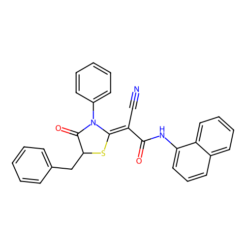 (Z)-2-(5-benzyl-4-oxo-3-phenylthiazolidin-2-ylidene)-2-cyano-N-(naphthalen-1-yl)acetamide structure