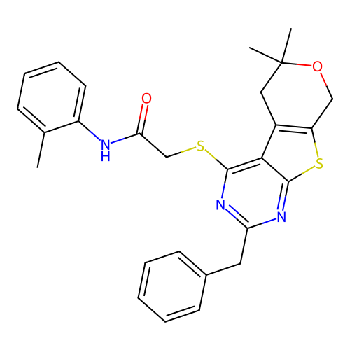 2-((2-benzyl-6,6-dimethyl-6,8-dihydro-5H-pyrano[4',3':4,5]thieno[2,3-d]pyrimidin-4-yl)thio)-N-(o-tolyl)acetamide structure