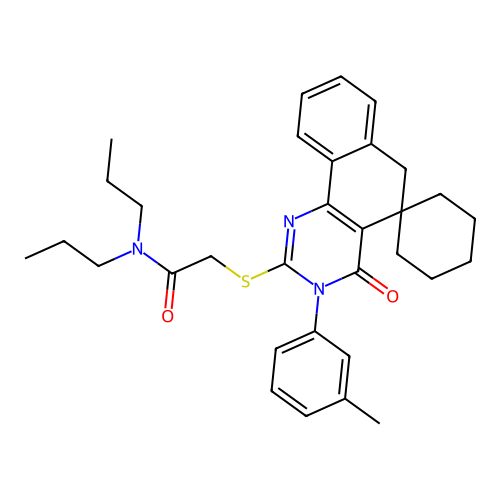 2-((4-oxo-3-(m-tolyl)-4,6-dihydro-3H-spiro[benzo[h]quinazoline-5,1'-cyclohexan]-2-yl)thio)-N,N-dipropylacetamide structure