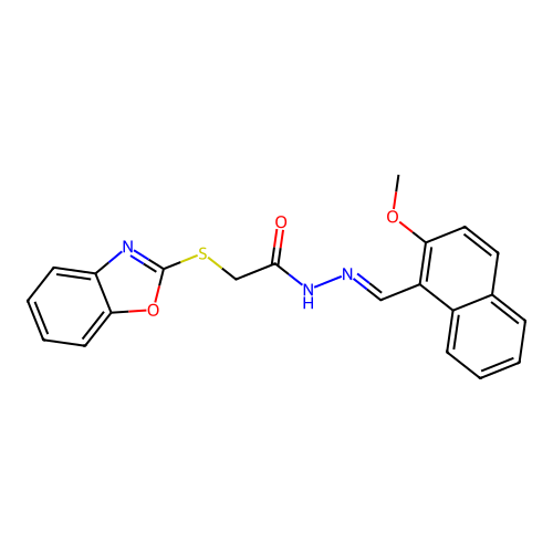 (E)-2-(benzo[d]oxazol-2-ylthio)-N'-((2-methoxynaphthalen-1-yl)methylene)acetohydrazide structure