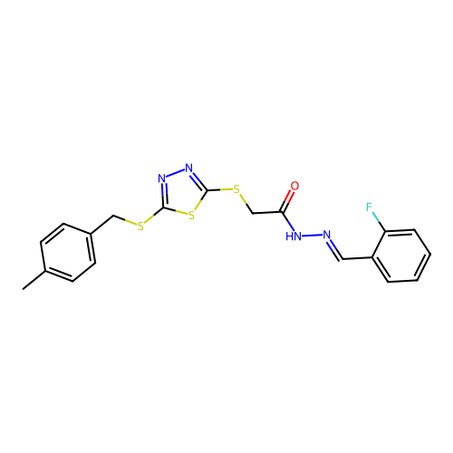 N'-[(E)-(2-fluorophenyl)methylidene]-2-({5-[(4-methylbenzyl)sulfanyl]-1,3,4-thiadiazol-2-yl}sulfanyl)acetohydrazide structure