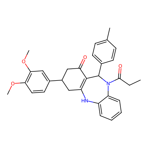 1-[3-(3,4-dimethoxyphenyl)-1-hydroxy-11-(4-methylphenyl)-2,3,4,11-tetrahydro-10H-dibenzo[b,e][1,4]diazepin-10-yl]propan-1-one structure