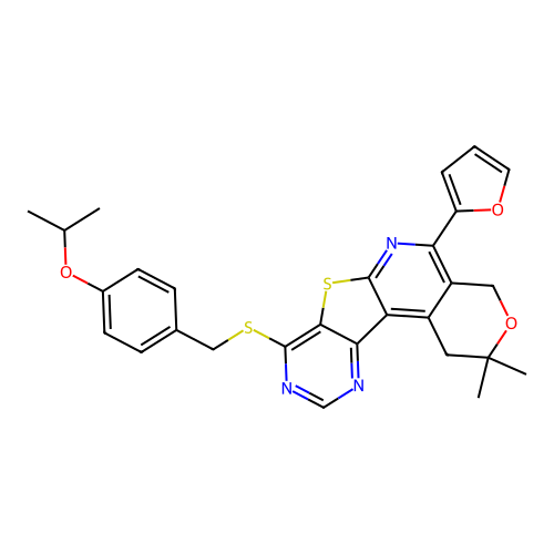 5-(furan-2-yl)-2,2-dimethyl-8-{[4-(propan-2-yloxy)benzyl]sulfanyl}-1,4-dihydro-2H-pyrano[4'',3'':4',5']pyrido[3',2':4,5]thieno[3,2-d]pyrimidine structure